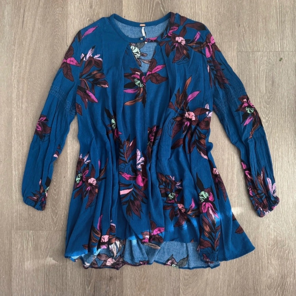 Free People Tree Swing Tunic Womens Small Blue Floral Mini Dress OB412054